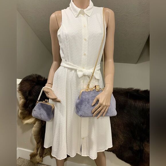 Genuine Shearling Leather Handmade Top Handle Metal Frame Bag & Small Clutch Set - Picture 8 of 16